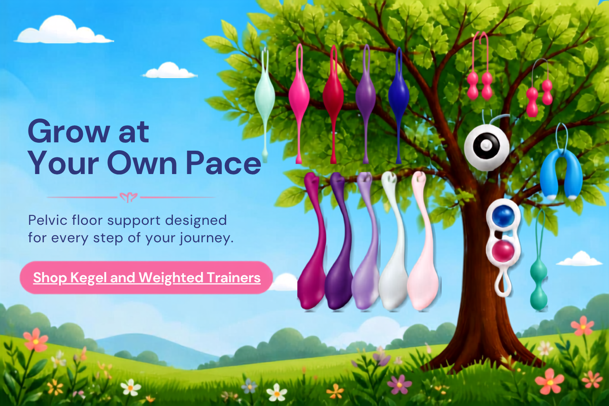Kegel and weighted pelvic floor trainers hanging from a tree, Grow at Your Own Pace